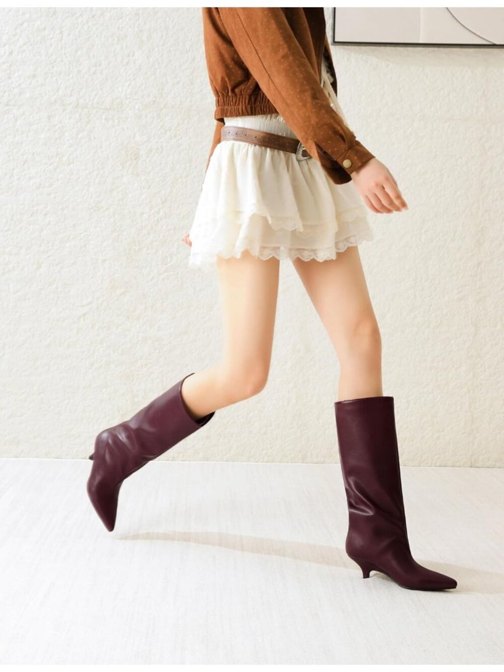 Women Burgundy Faux Leather Pointed-Toe Wide Calf Low Kitten Knee-High Boot - Picture 2 of 5